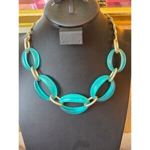 Chunky Teal Lucite & Gold Tone Oval Link Statement Necklace